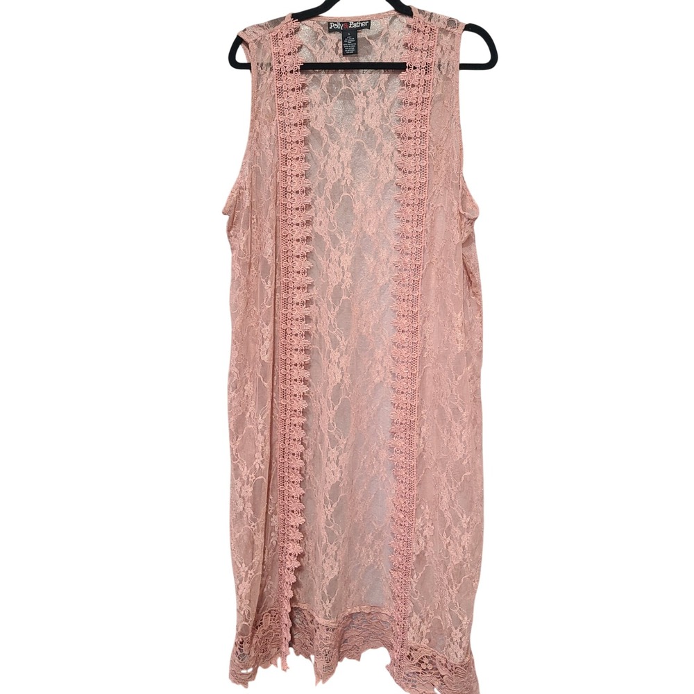 Polly & Esther Womens Large Dusty Rose Floral Lace Longline Duster Vest Crochet